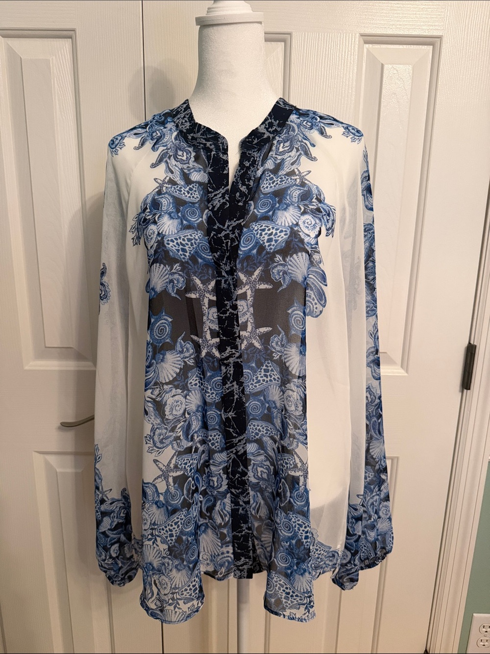 White House Black Market Blue and White Sheer Printed Blouse